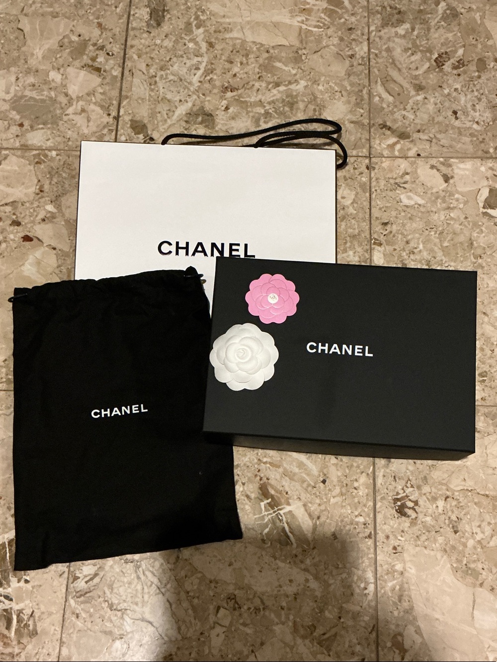 Chanel empty purse box dust bag paper gift bag and camellia sticker set